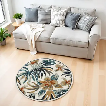 4' Round Blue and White Tropical Area Rug