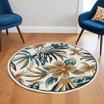 6' Round Blue and White Tropical Area Rug