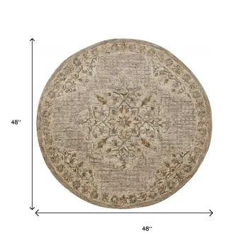 4' Round Beige Distressed Medallion Area Rug