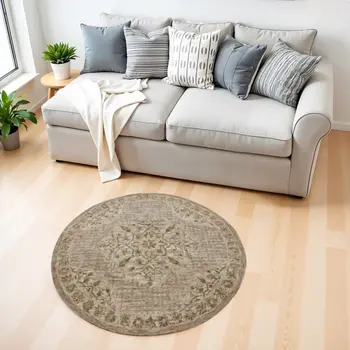 4' Round Beige Distressed Medallion Area Rug