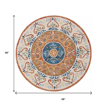 4' Round Orange Traditional Medallion Area Rug