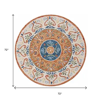 6' Round Orange Traditional Medallion Area Rug