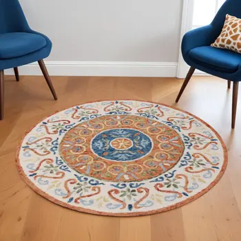 6' Round Orange Traditional Medallion Area Rug