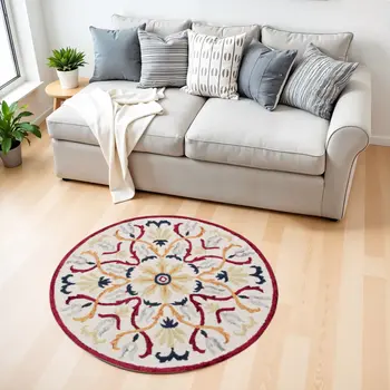 4' Round Red and Ivory Floral Filigree Area Rug