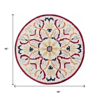 4' Round Red and Ivory Floral Filigree Area Rug