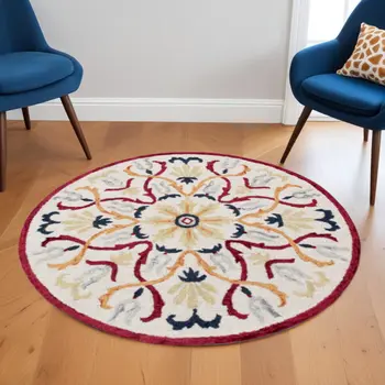 6' Red And Ivory Round Wool Hand Tufted Area Rug