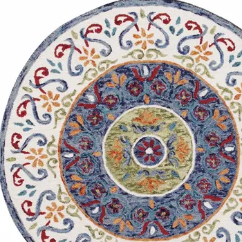 6' Blue And White Round Wool Hand Tufted Area Rug