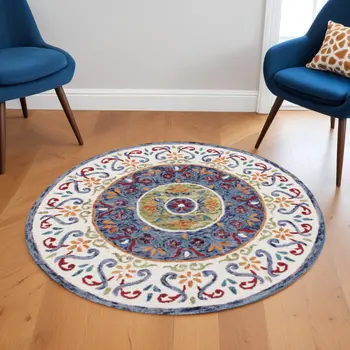 6' Blue And White Round Wool Hand Tufted Area Rug