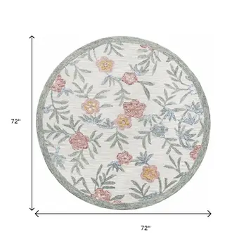 6' Ivory And Blue Round Wool Hand Hooked Handmade Area Rug