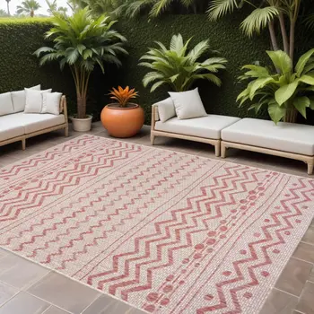 8' X 10' Beige And Red Chevron Indoor Outdoor Area Rug
