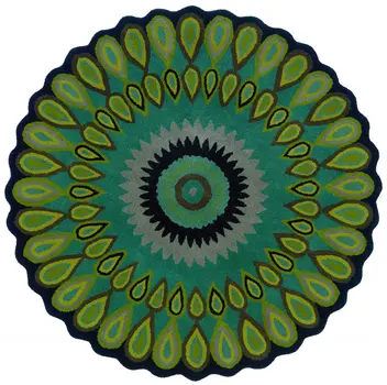 5' Round Green Peacock Feather Area Rug