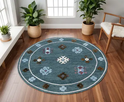 7' Blue Round Wool Hand Hooked Handmade Area Rug