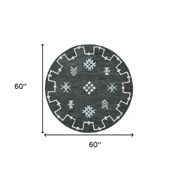 5' Charcoal Round Wool Hand Hooked Handmade Area Rug