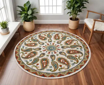 7' Round Orange and White Paisley Area Rug