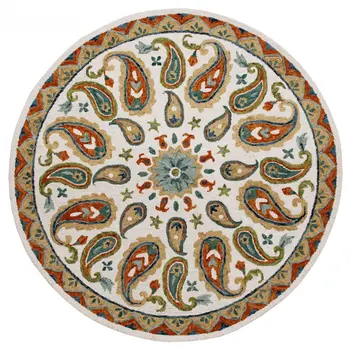 7' Round Orange and White Paisley Area Rug