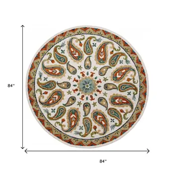 7' Round Orange and White Paisley Area Rug