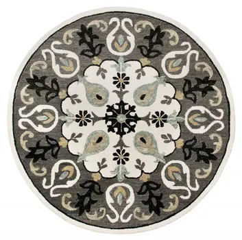 7' Gray Round Wool Hand Hooked Handmade Area Rug