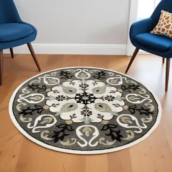 7' Gray Round Wool Hand Hooked Handmade Area Rug