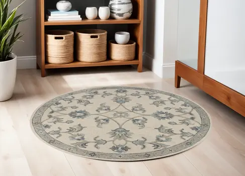 5' Light Blue Round Wool Hand Tufted Area Rug