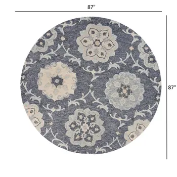 7' Blue And Gray Round Wool Hand Tufted Area Rug