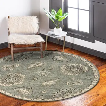 7' Gray Round Wool Hand Tufted Area Rug