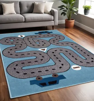 5' X 7' Blue Imaginative Racetrack Area Rug