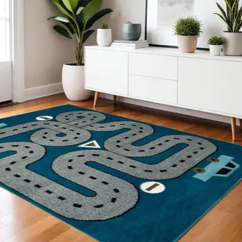 4' X 6' Navy Imaginative Racetrack Area Rug