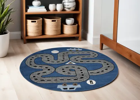 5' Round Navy Imaginative Racetrack Area Rug
