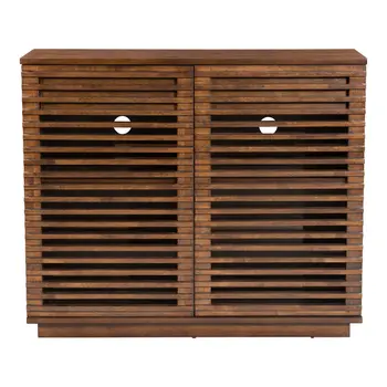 42" Walnut Wood Accent Cabinet With Three Shelves And Two Drawers