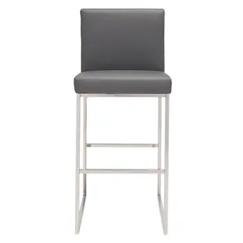 31" Gray And Silver Faux Leather And Steel Low Back Bar Height Bar Chair