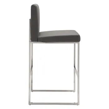 31" Gray And Silver Faux Leather And Steel Low Back Bar Height Bar Chair