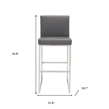 31" Gray And Silver Faux Leather And Steel Low Back Bar Height Bar Chair