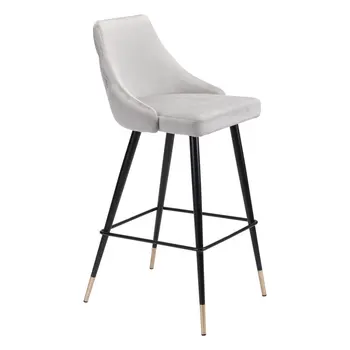 30" Gray And Black Velvet And Steel Bar Height Bar Chair