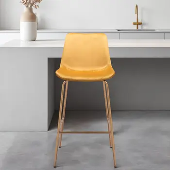 31" Yellow And Gold Velvet And Steel Low Back Bar Height Bar Chair