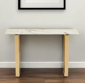 47" White and Gold Faux Marble Sled Console Table