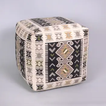 17" Ivory and Black Cotton Southwestern Pouf Ottoman