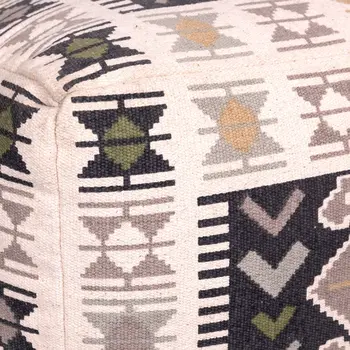 17" Ivory and Black Cotton Southwestern Pouf Ottoman