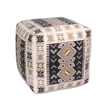 17" Ivory and Black Cotton Southwestern Pouf Ottoman
