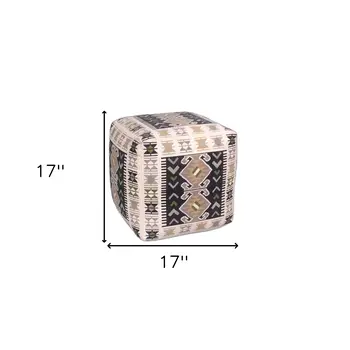 17" Ivory and Black Cotton Southwestern Pouf Ottoman