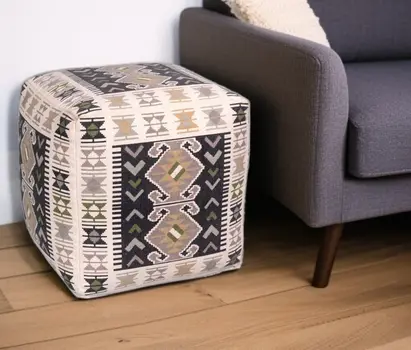 17" Ivory and Black Cotton Southwestern Pouf Ottoman