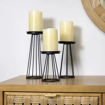 Set of Three Black Metal Striped Tabletop Candle Holders