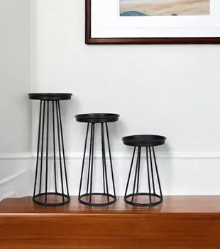 Set of Three Black Metal Striped Tabletop Candle Holders