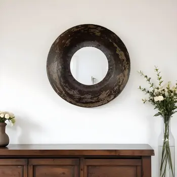 16" Dark Brown Reclaimed And Distressed Metal Round Bowl Accent Mirror