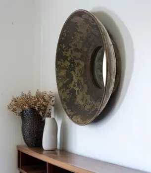 20" Dark Brown Reclaimed And Distressed Metal Round Bowl Accent Mirror