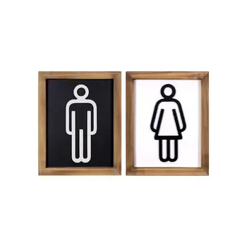 Set of Two Brown His and Hers Bathroom Wood Framed Wall Art