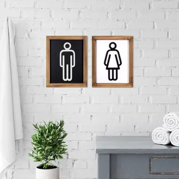 Set of Two Brown His and Hers Bathroom Wood Framed Wall Art