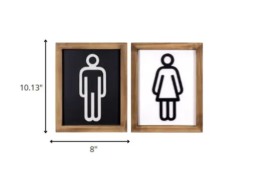 Set of Two Brown His and Hers Bathroom Wood Framed Wall Art