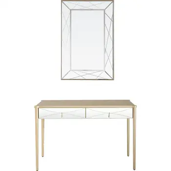 48" Champagne And Silver Mirrored Solid Wood And Glass Console Table With Two Drawers