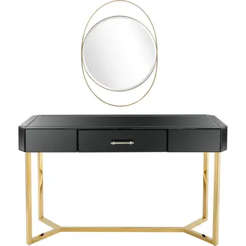 47" Black and Gold Mirrored Glass Frame Console Table And Drawers