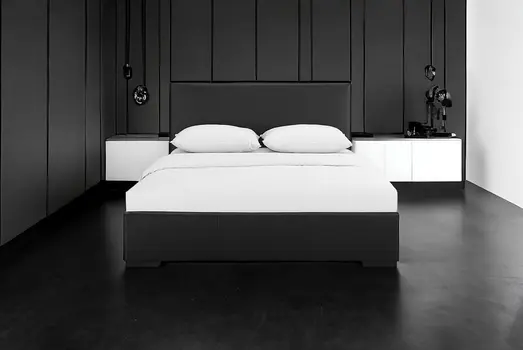 Black Solid and Manufactured Wood Queen Upholstered Faux Leather Bed Frame